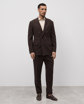 Brunello Cucinelli Коричневый двубортный костюм из льна. MW431LDPM2