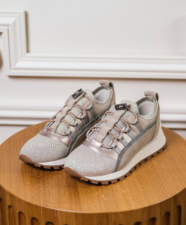 Brunello Cucinelli Бежеві комбіновані кросівки з люрексом і ланцюжком моніль MZ34G2610 зображення 7