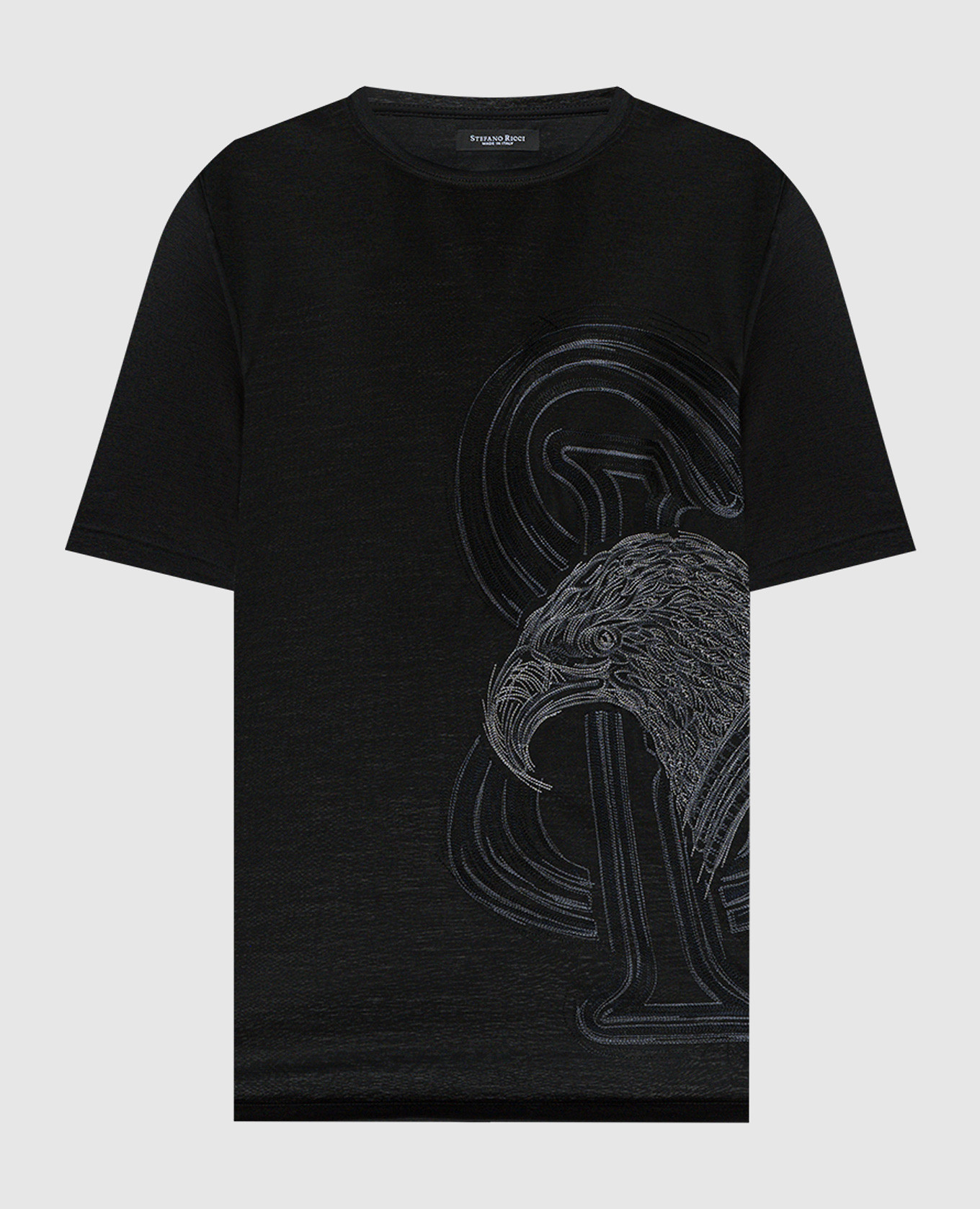Black wool t-shirt with monogram logo embroidery
