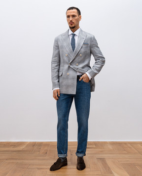 Brunello Cucinelli Сірий двобортний піджак з льону, вовни та шовку в клітинку MR4877BPD