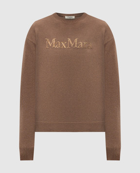 Max Mara Коричневый свитер KASSEL из шерсти и кашемира с логотипом из кристаллов KASSEL