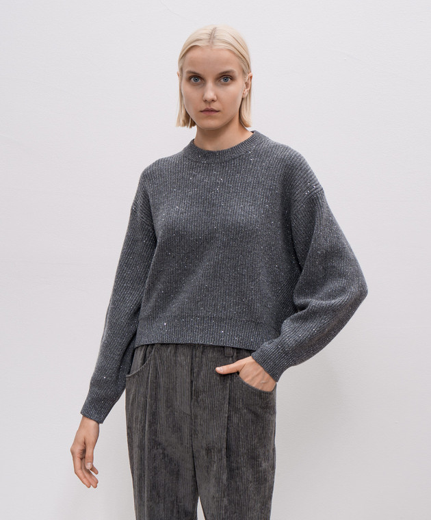 Brunello Cucinelli Серый свитер из кашемира и шерсти с пайетками MBM756900 изображение 3