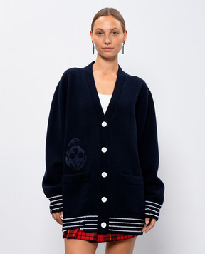 Alexander McQueen Синій кардиган з вовни з брендовою вишивкою 807686Q1BBU