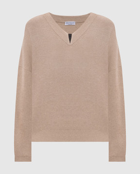 Brunello Cucinelli Бежевый пуловер в рубчик с цепочкой мониль M19255002