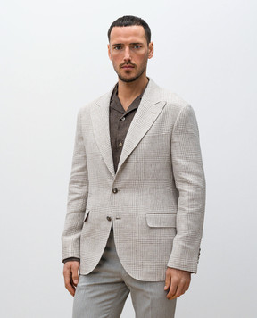 Brunello Cucinelli Бежевий піджак з льону, вовни та шовку в клітинку MR4807BFD2