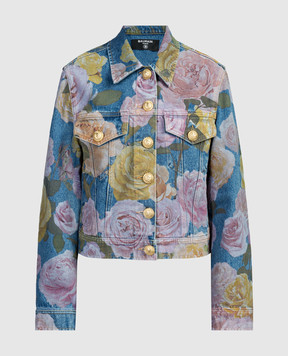 Balmain Синяя джинсовая куртка в принт Pastel Roses CF0TC110DE30