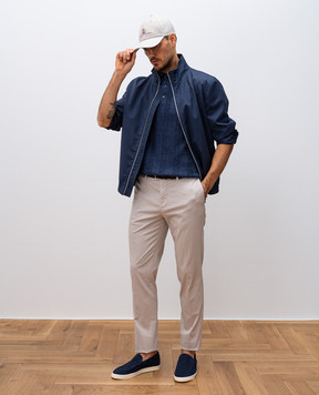 Brunello Cucinelli Синее поло с льном в тканом узоре. M2L707815