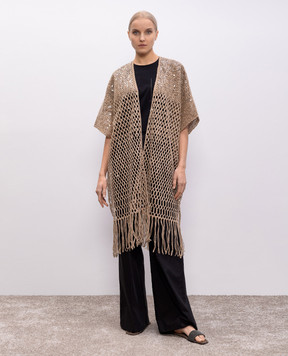 Brunello Cucinelli Бежевий ажурний кардиган з шовку та льону з паєтками MCBR02206
