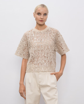 Brunello Cucinelli Бежевий ажурний топ з вовною, шовком та льоном MRCR18910