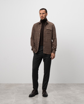 Kiton Коричневая рубашка из шерсти, шелка и льна в виндзорскую клеточку UMCBUBAK0171E