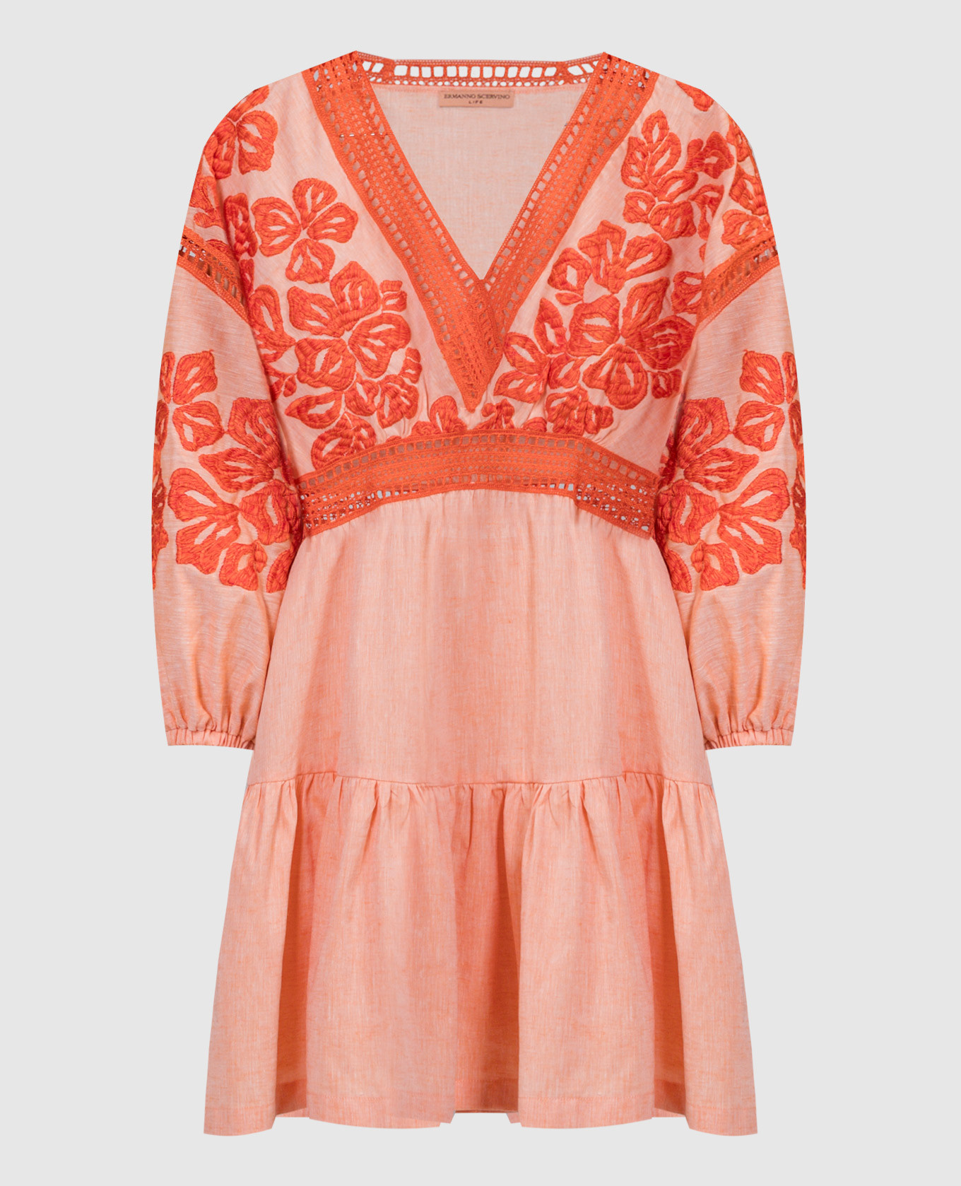 Оранжевое платье с леном с вышивкой