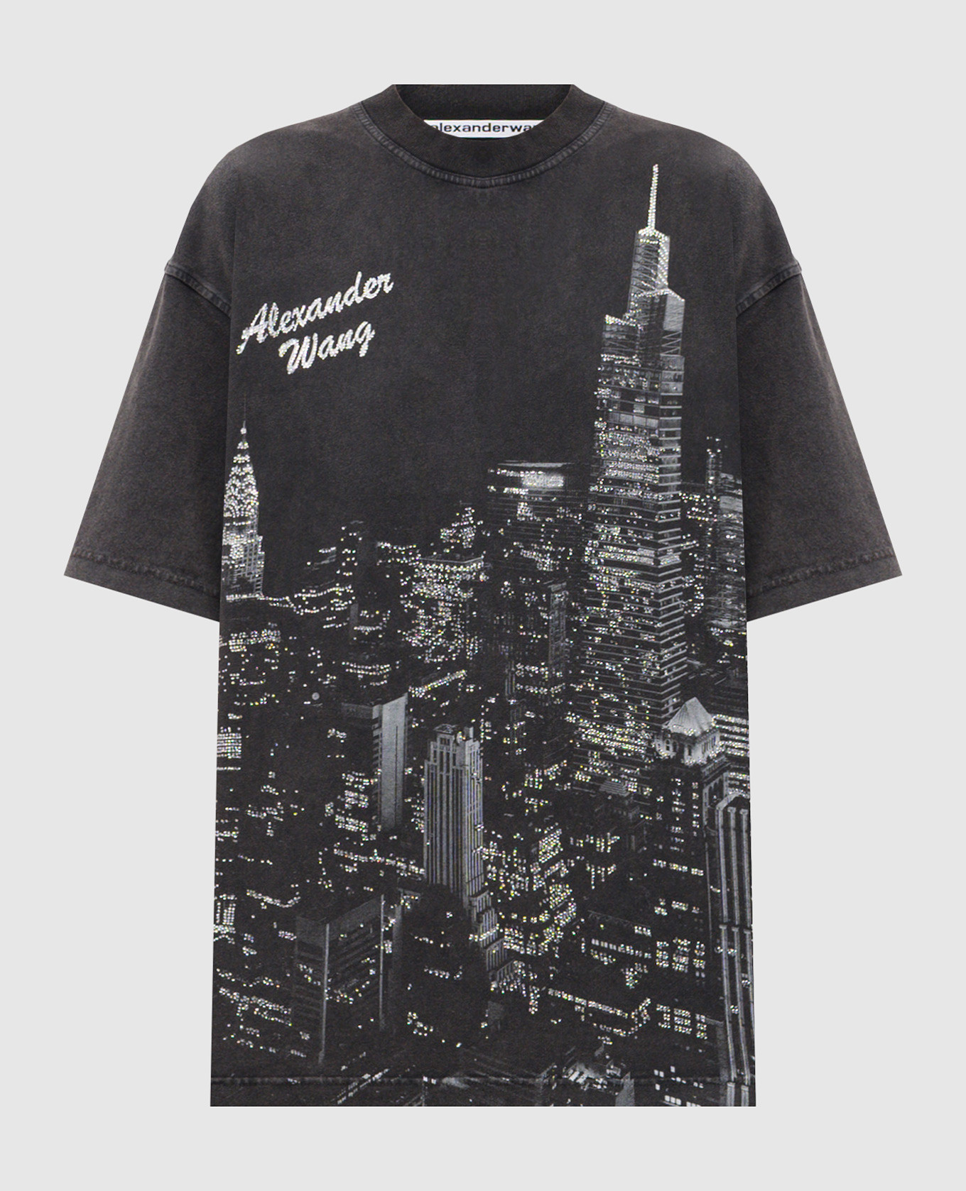 

Серая футболка в принт с кристаллами, Серый, Футболки