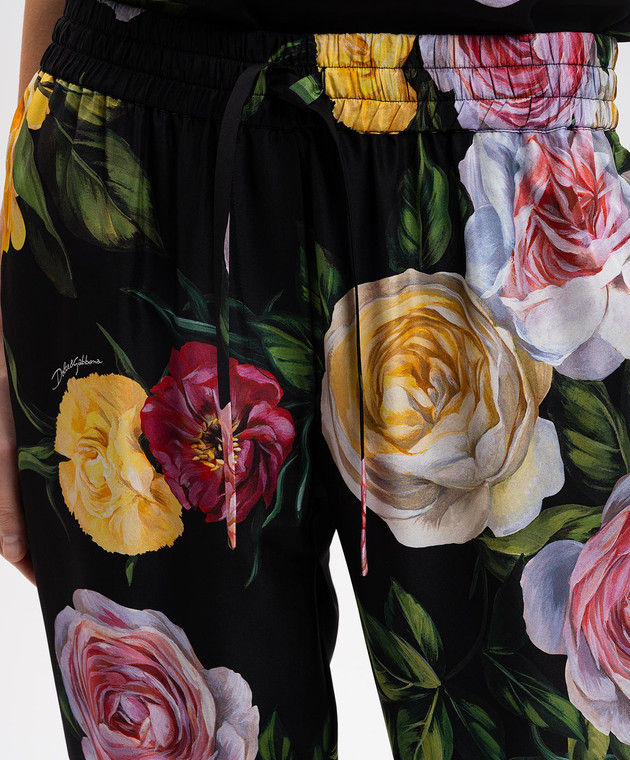 Dolce&Gabbana Черные брюки из шелка в принт пионы и розы FTC11TIS1XJ изображение 5