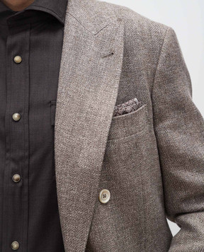 Brunello Cucinelli Коричневый двухсторонний платок-паше из льна и шелка в принт MR8870091