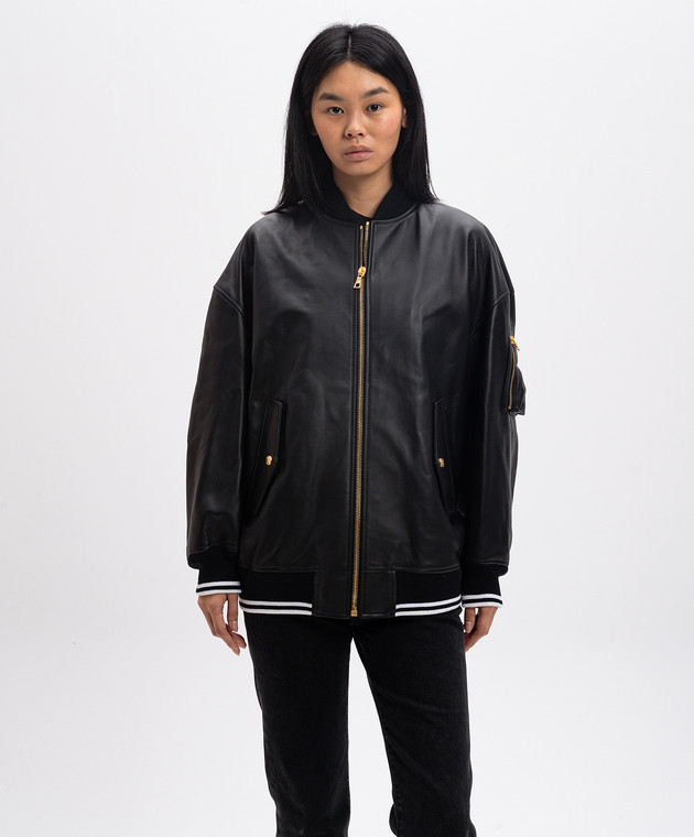Palm Angels Черный кожаный бомбер с принтом логотипа PWJA034F24LEA001 изображение 4