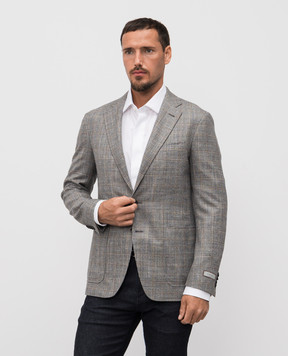 Canali Сірий жакет з вовни, шовку і кашеміру в клітинку CF0175223275