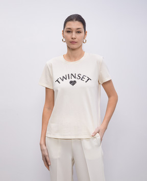 Twinset Бежева футболка з вишивкою логотипа з паєтками 251LL2SDD