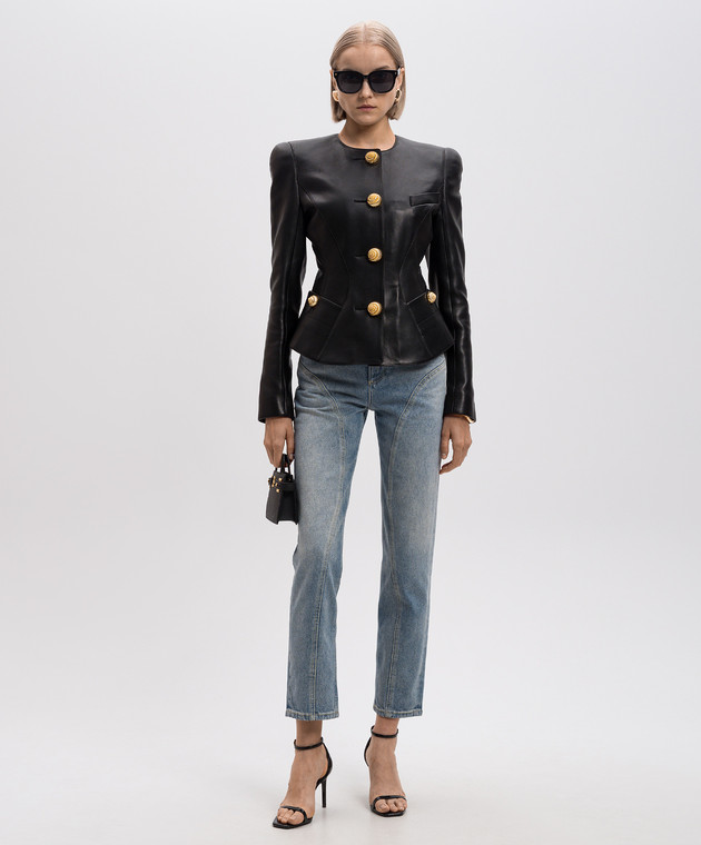 Balmain Черный кожаный жакет с брендовыми пуговицами DF0SK690LC62 изображение 2