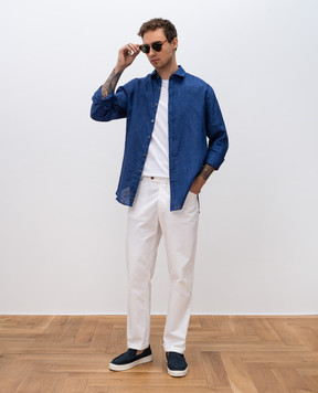 Canali Синяя рубашка из льна с брендовой нашивкой GL03099CSL7077