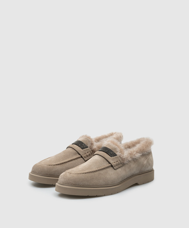 Brunello Cucinelli Бежеві замшеві лофери на хутрі з ланцюжком моніль MZSFG2569 зображення 2