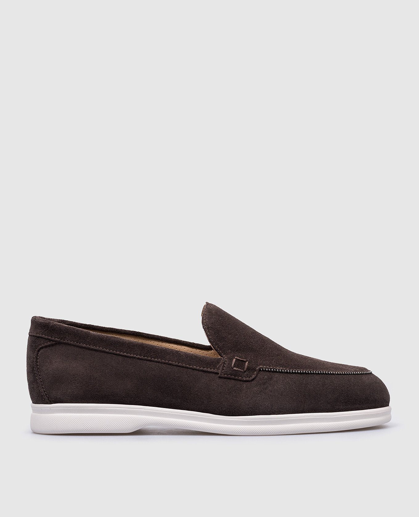 Brown suede loafers with monil chain