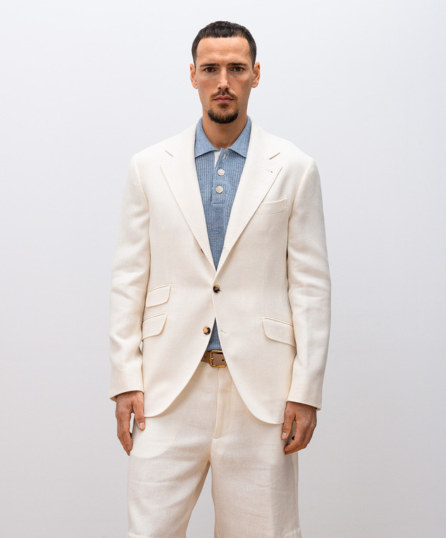 Brunello Cucinelli Білий піджак з льону, шовку та вовни у візерунок MB4197BWDP зображення 3