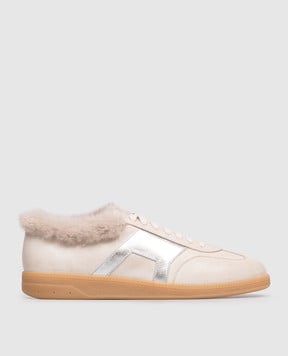 Santoni Бежевые кожаные кроссовки с мехом норки WBPL61442FARPIPM
