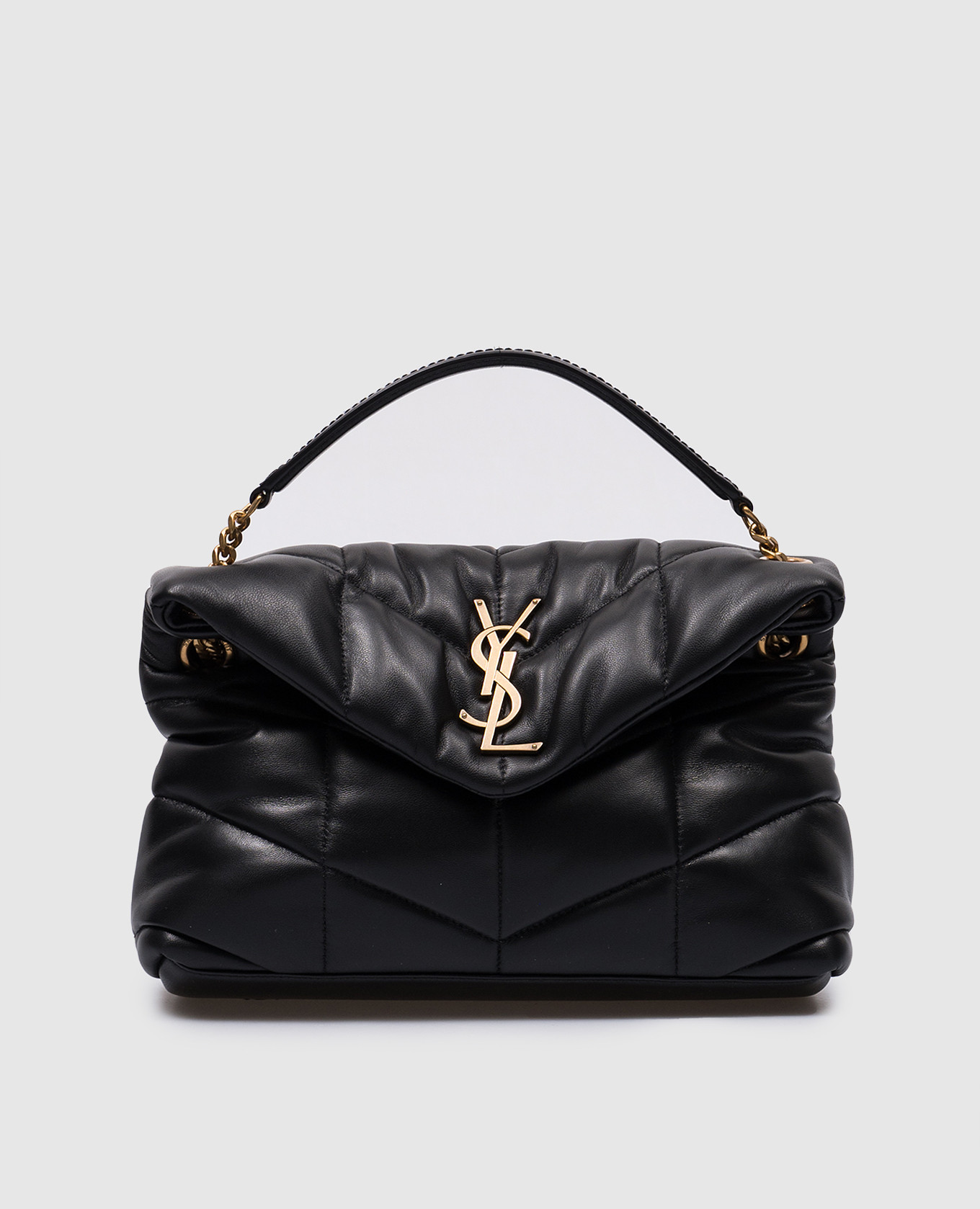 

Черная кожаная стеганная сумка PUFFER с металлическим логотипом YSL, Черный, Сумки через плечо