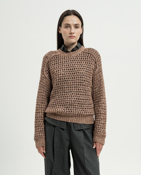 Brunello Cucinelli Коричневий ажурний светр з шовком та льоном з паєтками MEA360400P
