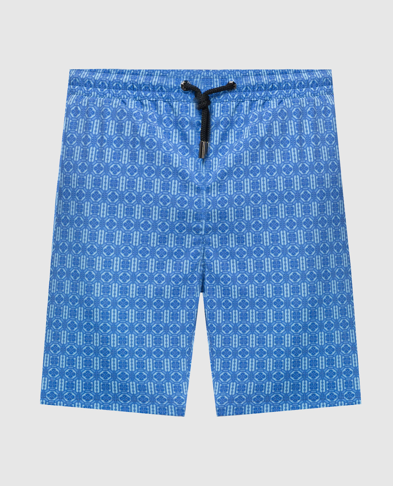 Blue swimming shorts in a geometric pattern