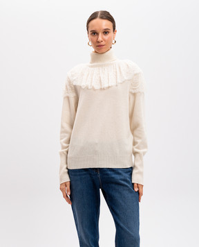 Twinset Белый свитер из шерсти и кашемира с кружевом. 242TS3180