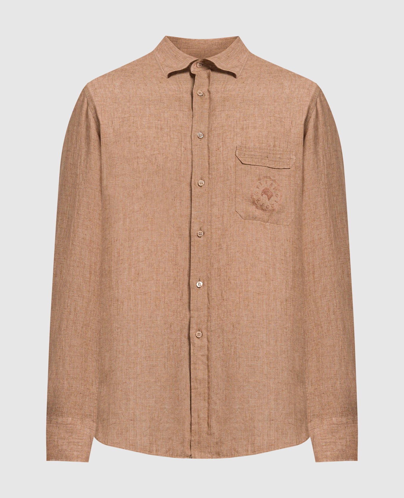 Brown linen shirt with logo embroidery