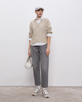 Brunello Cucinelli Бежевий ажурний пуловер Dazzling з шовком та льоном MEA393102