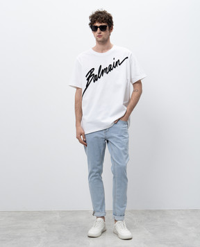 Balmain Белая футболка с принтом логотипа Balmain Letter EH1EG010BC86