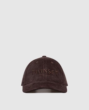 Twinset Коричнева вельветова кепка з вишивкою логотипа 252TO5440