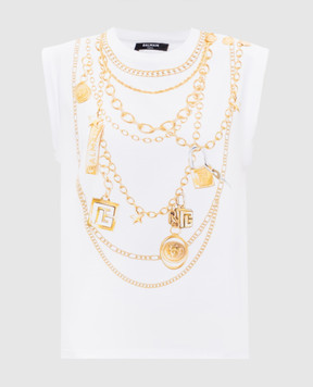 Balmain Білий топ з брендовим принтом FF1ED004GE99