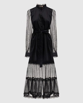 Twinset Черное платье миди с кружевом 241TT2040
