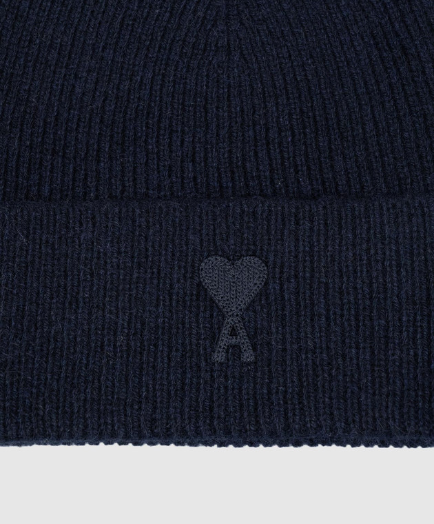 Ami Paris Синяя шапка из кашемира и шерсти с вышивкой Ami de Coeur UHA107005 изображение 3