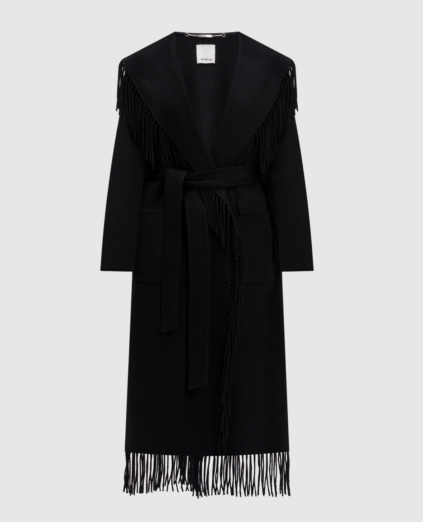 

Черное пальто на запах Carrie с бахромой с шерстью, Черный, Пальто