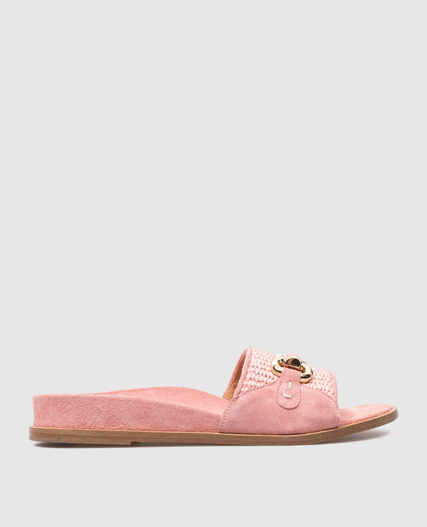 Pink suede flip flops with weave