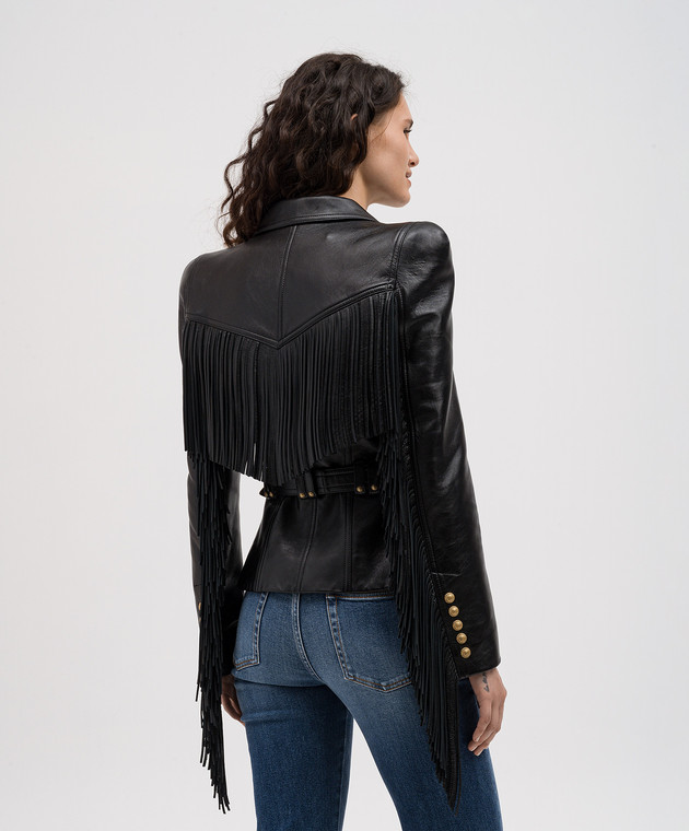 Balmain Черная двубортная кожаная куртка с бахромой CF1SI353LC92 изображение 4