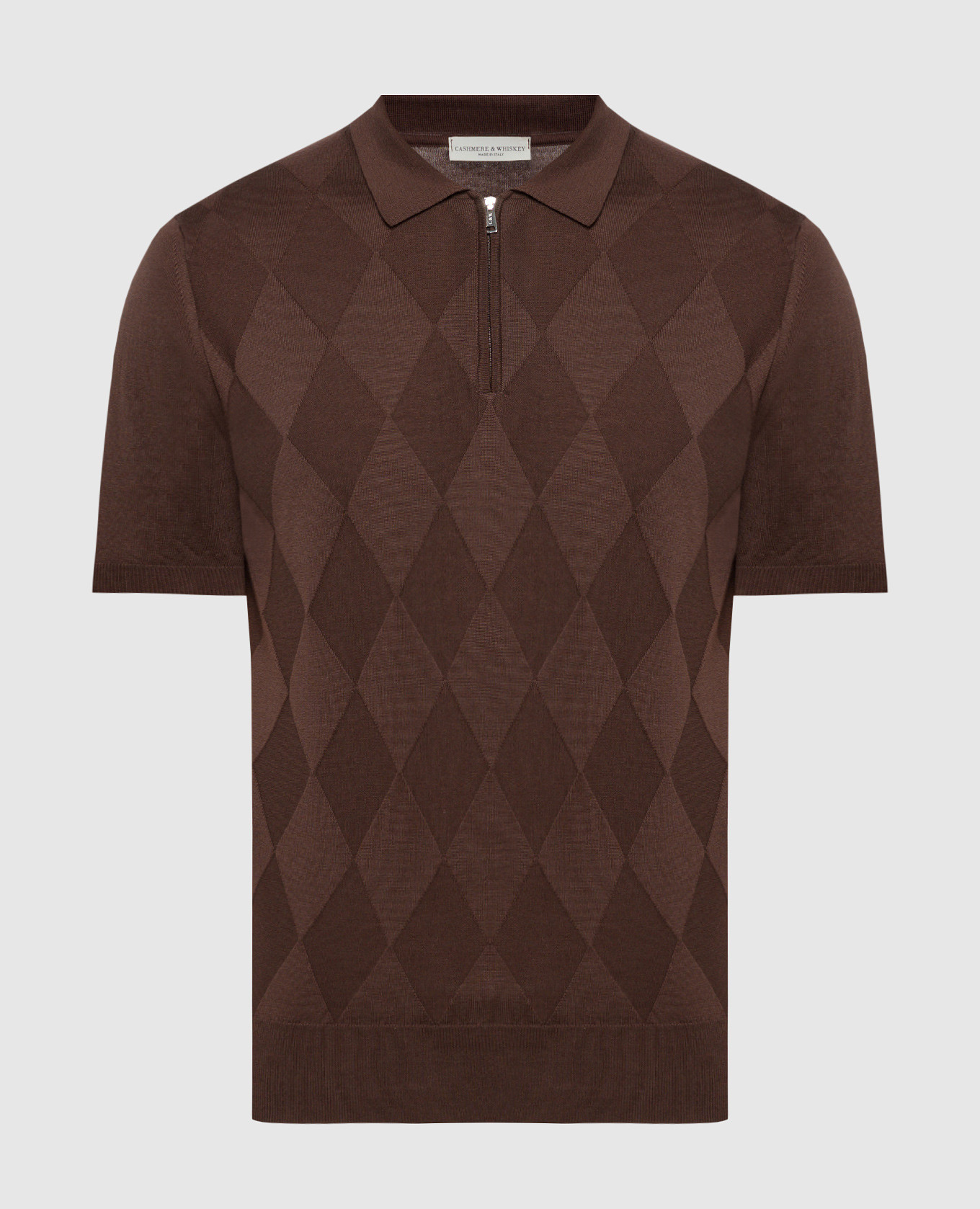 Brown silk and cashmere polo shirt with textured pattern