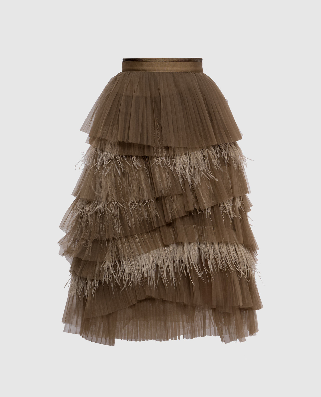 

Коричневая юбка миди с перьями страуса, Коричневый, Юбки-а-силуэта
