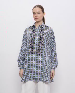 Ermanno Scervino Блакитна блуза із шовку у візерунок D462K349QBK