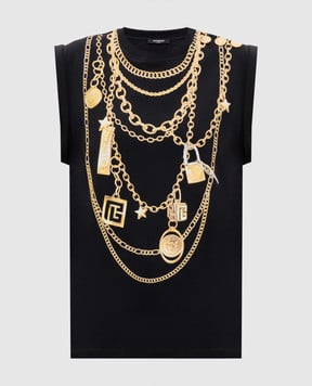 Balmain Чорний топ з брендовим принтом FF1ED004GE99