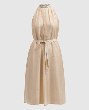Peserico Бежевое платье миди с цепочкой мониль с кристаллами E02316A6640A