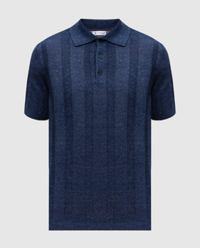 Brunello Cucinelli Синее поло с льном в тканом узоре. M2L707815