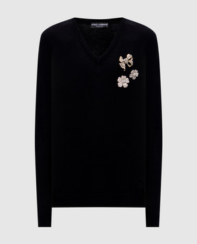 Dolce&Gabbana Чорний светр з вовни з квітковою аплікацією FXY19ZJCVXN