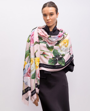 Dolce&Gabbana Розовый палантин с шелком в цветочный принт с логотипом. FS184AGDCUP