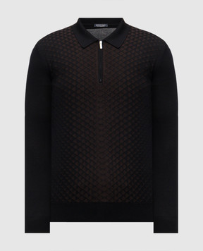 Bertolo Cashmere Черное поло с шерстью и шелком в геометрический узор 902518002531